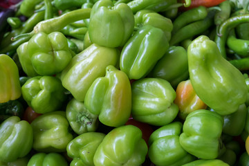 Obraz na płótnie Canvas Bell green peppers at the city market in Baku, Azerbaijan.