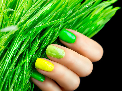 Spring Manicure. Trendy Green Nails. Beautiful Nailpolish With Green Grass