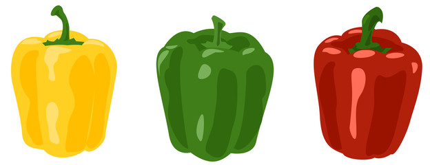 1列に並んだ3色のパプリカ