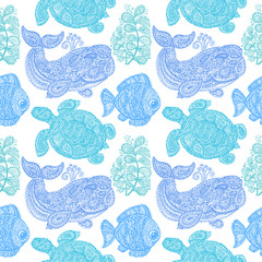 Sea turtle, whale, water plant and fish in paisley style.