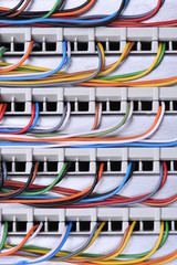 Telecommunication main distribution frame with cables, closeup