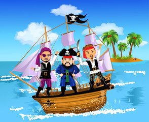 three pirates on a ship in the middle of the ocean