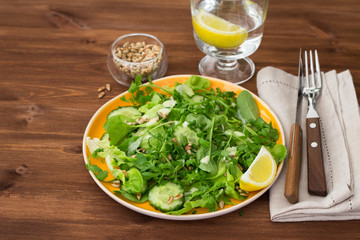 Fresh green salad with various lettuce, cucumber, sunflower seeds and yogurt dressing on wooden table, selective focus