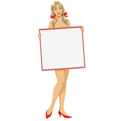 Girl with a blank poster.Beautiful smiling girl without clothing holding a blank placard