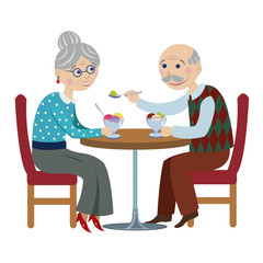 happy cartoon grandparents.An elderly couple are sitting in cafe and eating ice cream.