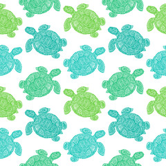Sea turtle illustration in paisley mehndi style wallpaper pattern. The tortoise reptile animal. Tattoo style tortoise-shell. Turtle in decorative doodle style.