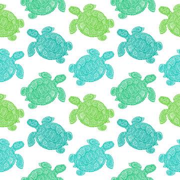 Sea turtle illustration in paisley mehndi style wallpaper pattern. The tortoise reptile animal. Tattoo style tortoise-shell. Turtle in decorative doodle style.