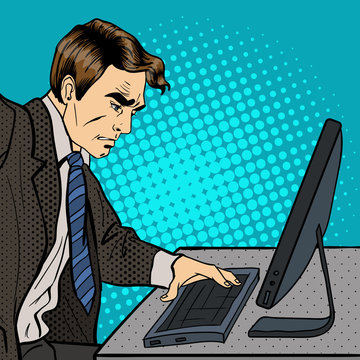 Anger Businessman. Businessman Works at the Computer. Pop Art. Vector illustration