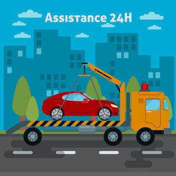 Car Assistance. Roadside Assistance Car. Tow Truck. Vector illustration