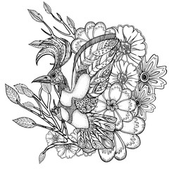 hand drawn line art of bird on floral background with ornaments