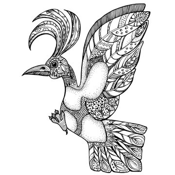 hand drawn line art of single bird with ornaments