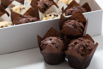 Chocolate and vanilla muffins, paper muffins holder, muffins box, selective focus, close up