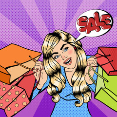 Girl with Shopping Bags. Woman on Shopping. Sale Banner. Pop Art
