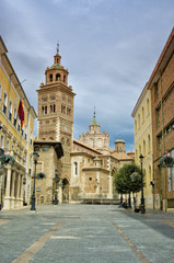 Teruel historical center. Catedral de Santa Maria de Teruel in Aragon region, Eastern Spain. Warm filter color.