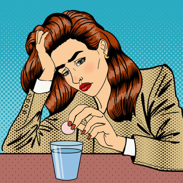 Stress at Work. Girl Drinking Pills. Business Woman. Woman has a Headache. Pop Art