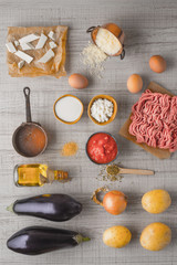 Ingredients for moussaka on the white table  vertical