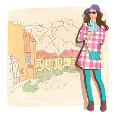 Pretty fashion girl in sketch style on a street town background. Vector illustrator. hand draw, hipster design