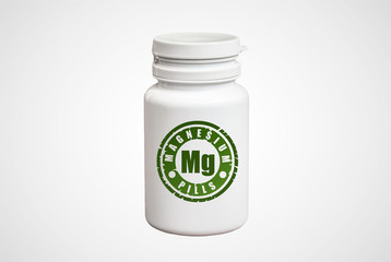 Bottle of pills with magnesium Mg