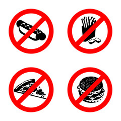 Ban fast food sign. Stop unhealthy food. It is forbidden to eat