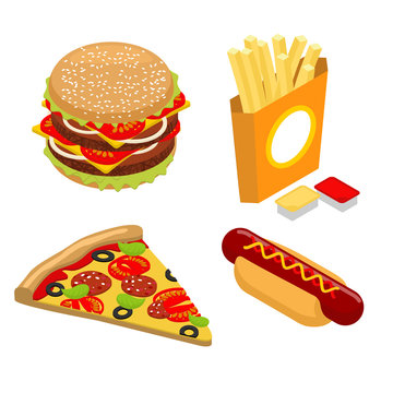 Set Fast food isometrics. Big juicy hamburger and chop. French f