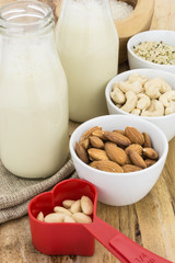 Bottles of homemade plant based milk and bowls with ingredients, on wooden background