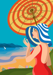 Beautiful woman in a wide-brimmed hat on a tropical beach. The lake shore, the mountains. Holiday on the French Riviera, Liguria. Poster in the Art Deco  - 111160275