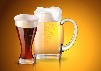 Two glasses with dark and light beer created with gradient meshes 