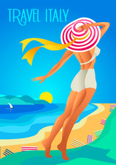 Beautiful woman in a wide-brimmed hat on a tropical beach. The lake shore, the mountains. Holiday on the French Riviera, Liguria. Poster in the Art Deco  - 111160293