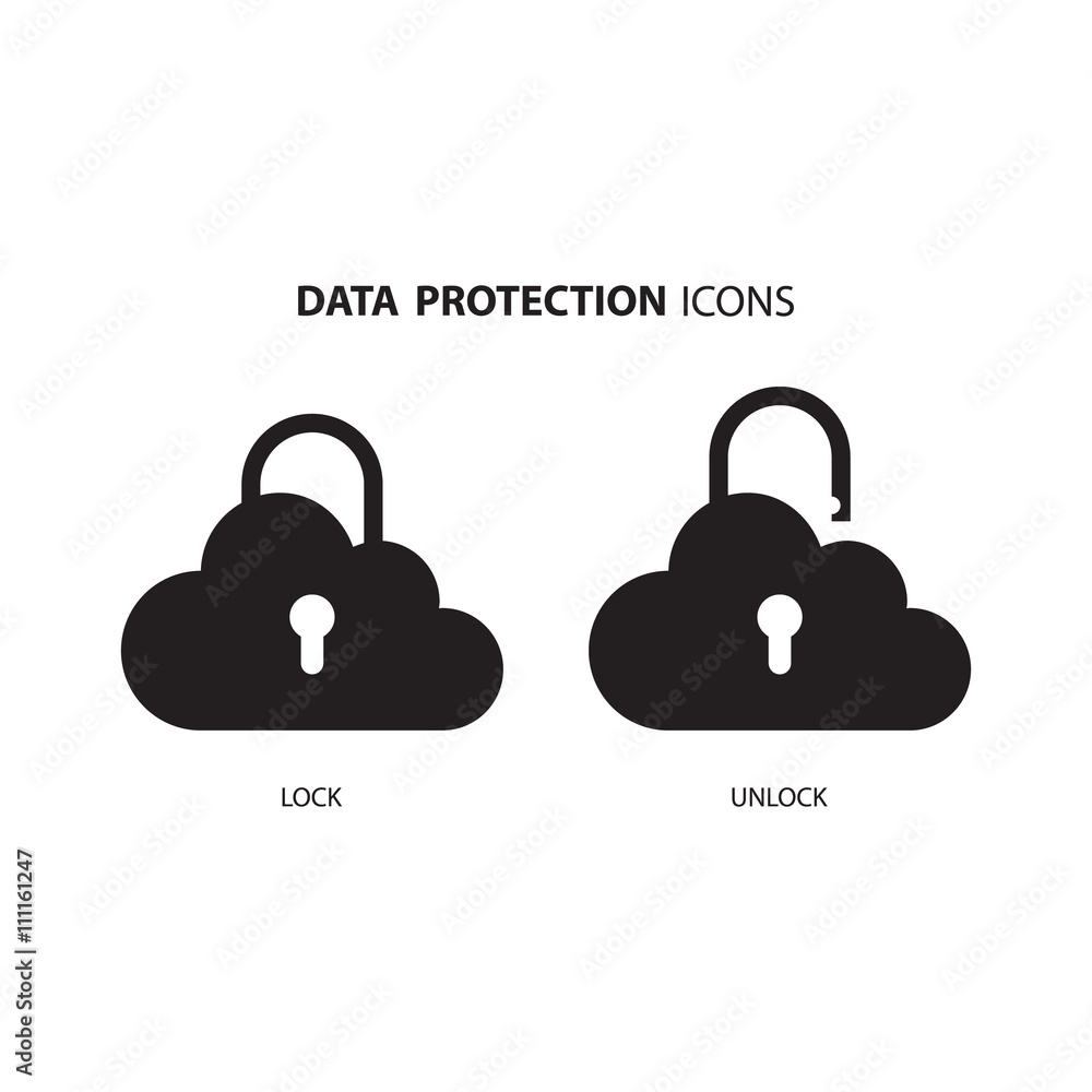 Poster Data protection icons. Cloud computing and protecting data concept. Secure cloud technology. Vector Illustration.