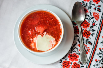 Top view of Borsch - traditional Ukrainian cuisine. 