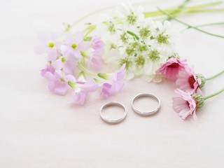 Obraz na płótnie Canvas 結婚指輪に添えたピンクの花