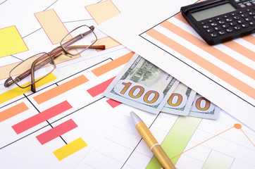 Business still life with pen, glasses and calculator,  diagram