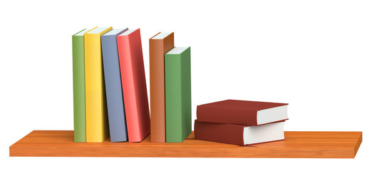 Colored books on wooden bookshelf