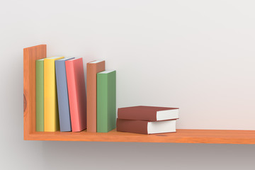 Colored books on wooden bookshelf on white wall
