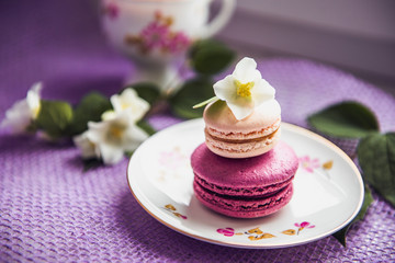 French macarons with white flowers