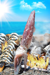 Sardines and squid to spit on the beach in Malaga Spain