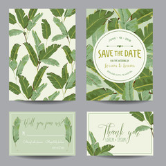 Save the Date Card. Tropical Banana Leaves. Wedding Card. Invitation Cards Set