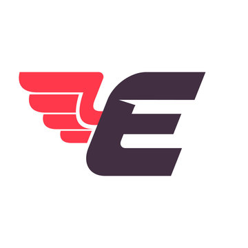 E letter with wing logo design template.
