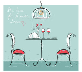 Romantic dinner sketchy color illustration isolated on white.