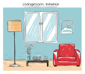 Sketchy illustration of livingroom interior.Vector color hand dr