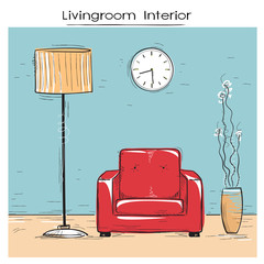Sketchy illustration of livingroom interior with red chair.Vecto