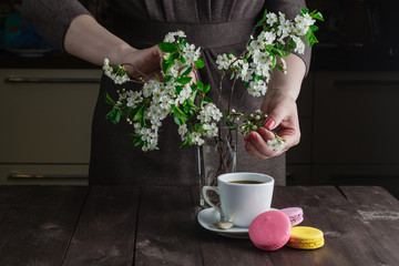 Cup of coffee and cherry blossom branch on a dark background