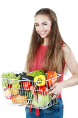 Obraz na płótnie Canvas Pretty woman with fruits and vegetables