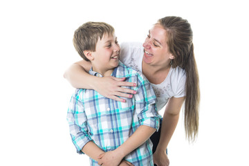 Happy mother and son over white background