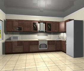     wooden kitchen, interior design 3D rendering 