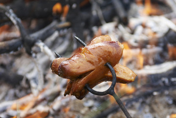 Sausage on a stick over the fire. Preparing sausages on camp fire