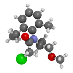 Metolachlor herbicide (weed killer) molecule. 3D rendering.  