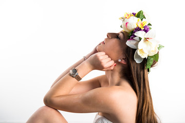 Obraz na płótnie Canvas Model woman with crown of flowers