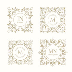 Floral monograms for cards, invitations, menus, labels. Classic design elements for wedding invitations. 