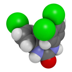 Triclocarban antibacterial agent molecule. 3D rendering.  